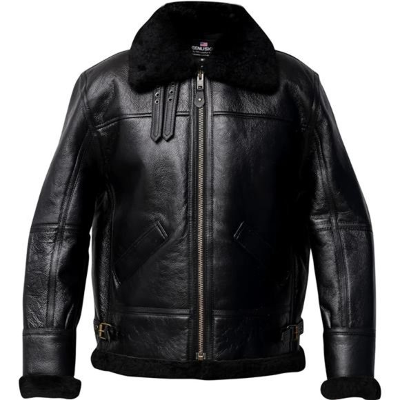 Other - Men B3 Bomber Aviator Shearling Sheepskin Leather Winter Jacket, Black